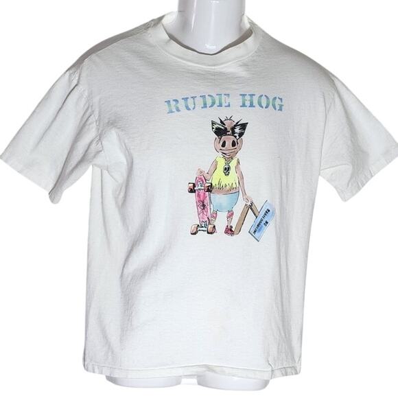 Vintage 1990 White Short Sleeve Rude Hog No Skateboarding T-shirt Men's L 42-44 - Picture 1 of 9